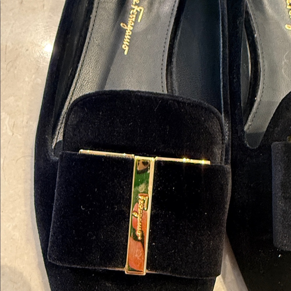 Salvatore Ferragamo Black Velvet Flats with Gold Detail - Picture 2 of 7